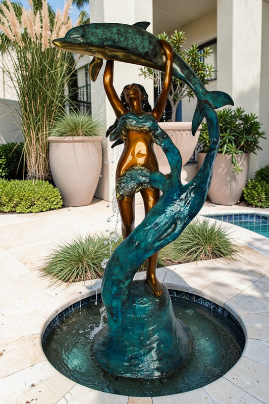 Nifao Bronze Mermaid Fountain Statue – Enchanting Mermaid Lifting Dolphin Sculpture with Flowing Water Feature – Handcrafted Lost Wax Casting with Multi-Tone Patina – Outdoor Garden 25" x 24" x 57"H