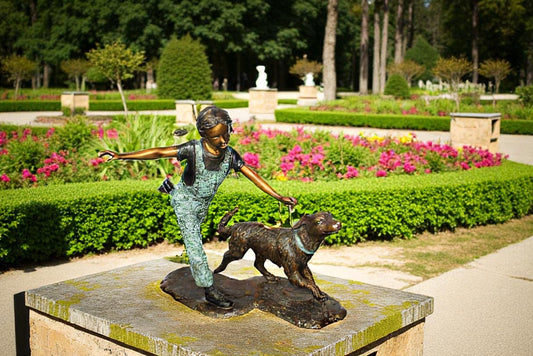Young Girl and Her Dog Playing Bronze Statue 53" x 21" x 40"H