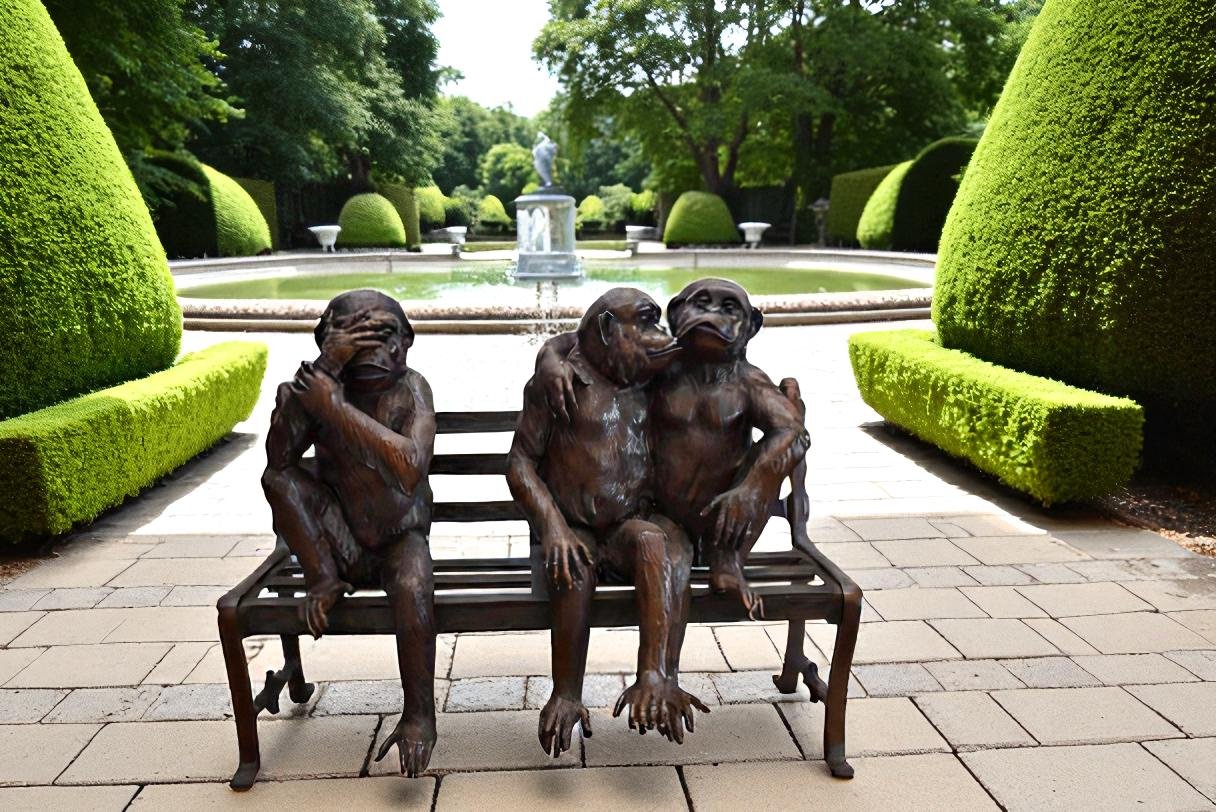 Three Emotional Monkeys on Bench Bronze Statue 57" x 20" x 43"H