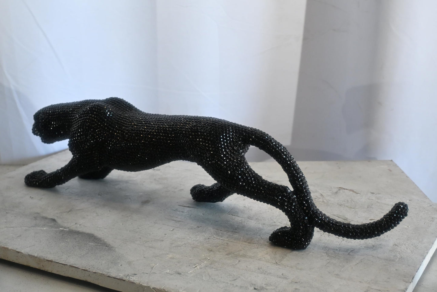 Black Crystal Beaded Panther Sculpture Prowling Resin Decor 29"x5"x7"H