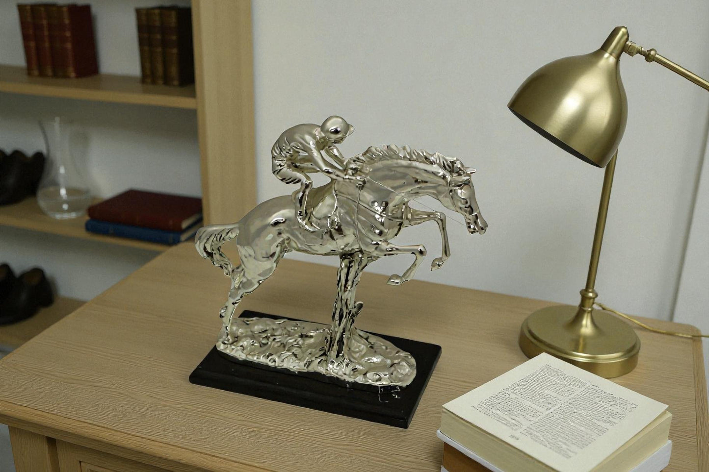 Jockey on Horse Silver Finished - Bronze Statue - Size: 13"L x 5"W x 12"H.