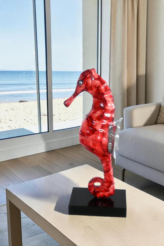 Red Seahorse Figurine on Base Painted Aluminum Sculpture 6"x4"x15"H