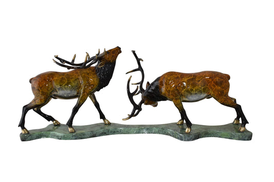 Fighting Deer Bronze Statue Mounted on a Marble Base Size: 32" x 8" x 14"H