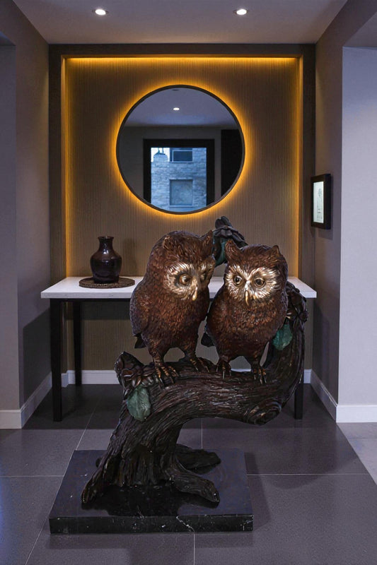 Two Owls on A Tree Trunk Bronze Statue - Size: 11"L x 11"W x 14"H.