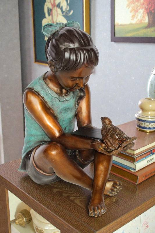 Nifao Bronze Girl Holding Bird Statue – Handcrafted Lost Wax Cast Sculpture with Natural Patina Finish – Heartwarming Decorative Artwork for Home, Garden, Bookshelf, 19" x 10" x 20"H