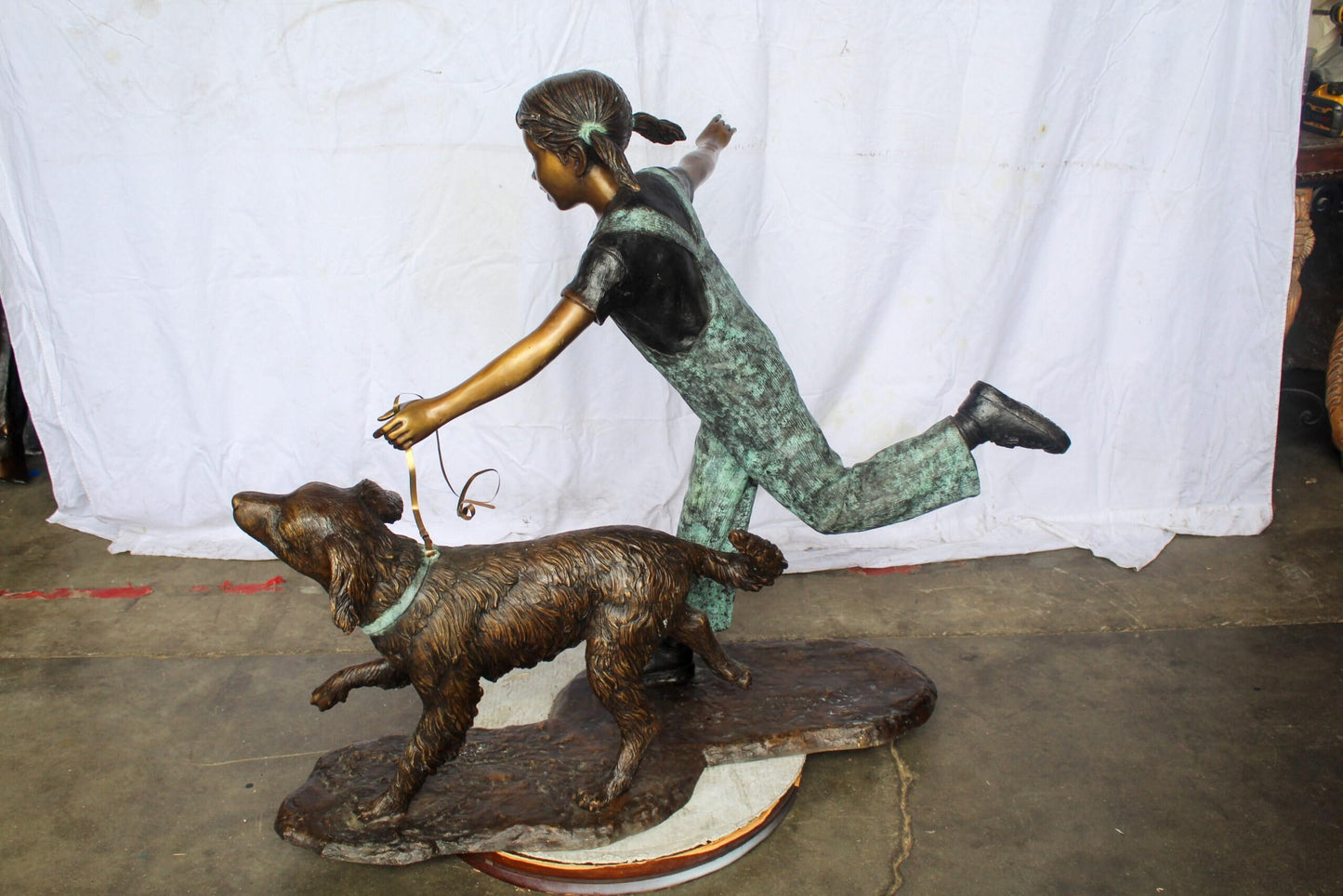 Young Girl and Her Dog Playing Bronze Statue 53" x 21" x 40"H