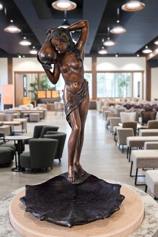 Lady Holds A Vase Standing on A Shell Bronze Fountain Size: 32" x 31" x 55"H