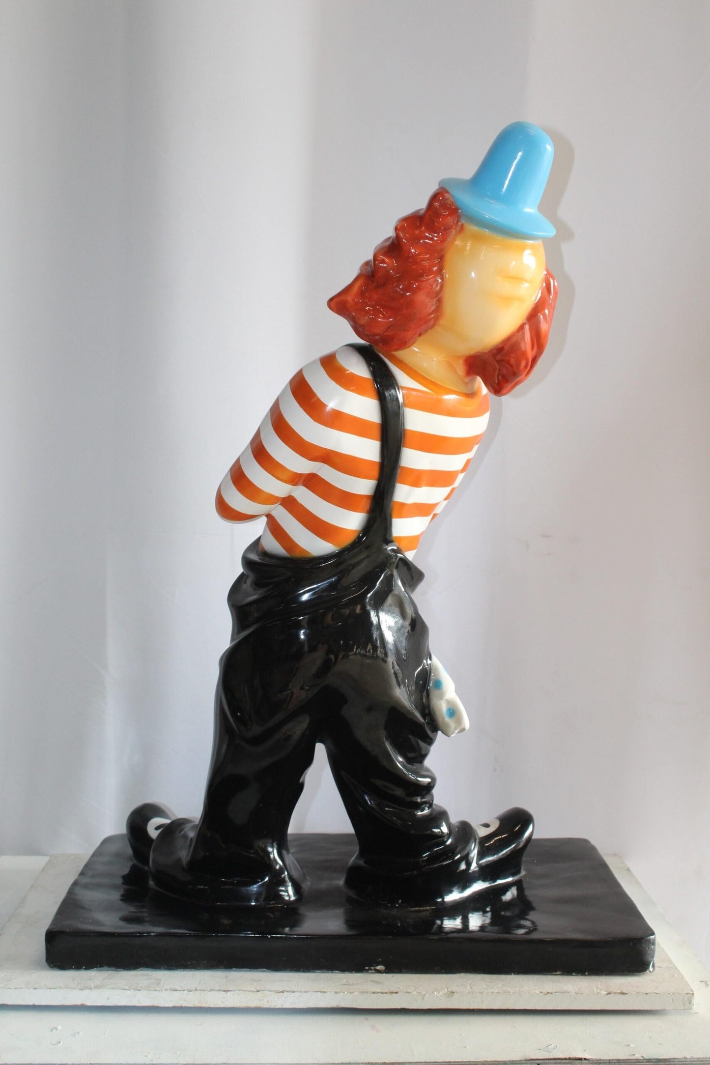 Colorful Fiberglass Clown Fiberglass Statue, Striped Shirt 27" x 17" x 39"H