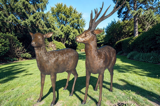 Pair of standing Deers bronze statues - Size: 48"L x 45"W x 65"H.