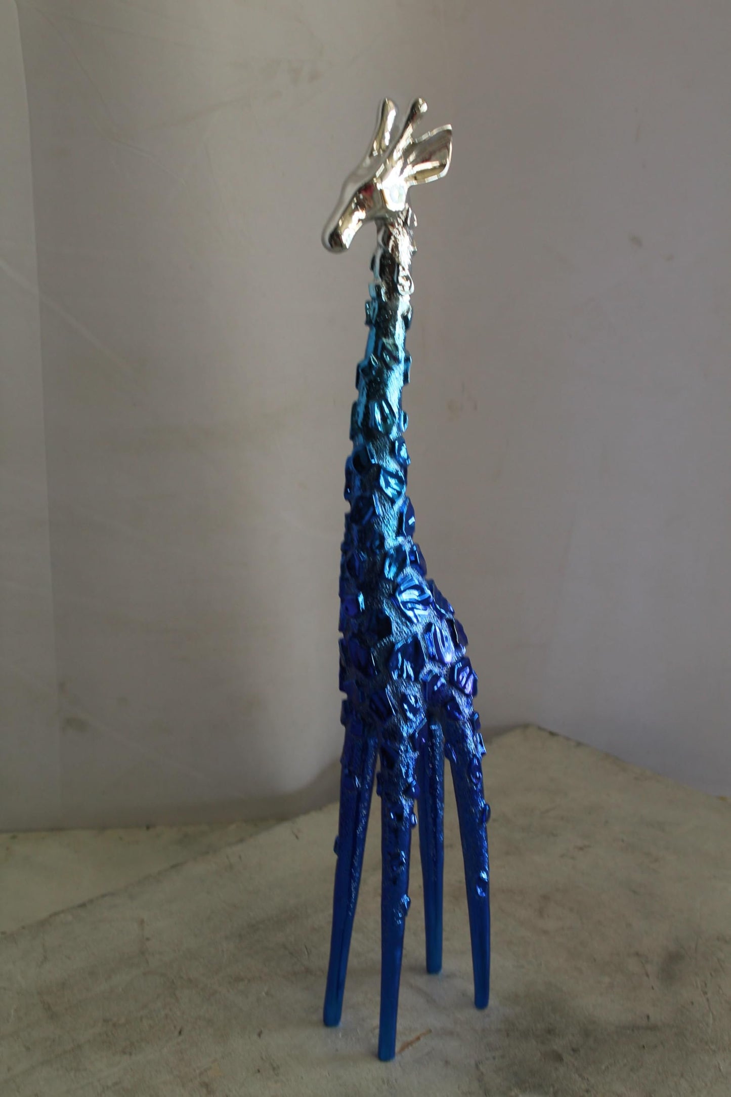 NIFAO Resin Blue Giraffe Sculpture with Chrome Head 30 Inches 4"x6"x30"H