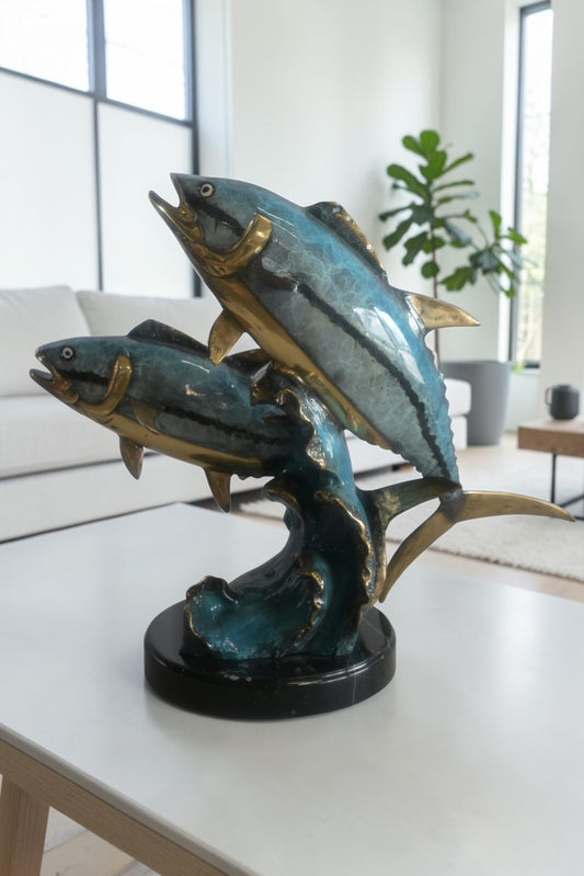 Bronze Dual Tuna Fish Sculpture on Marble Base 24"x16"x21"H