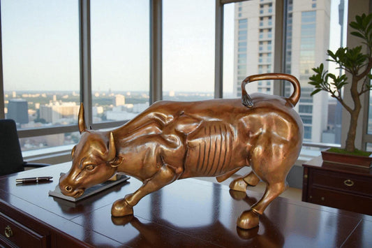 Wall Street Bull replica bronze statue - Size: 15"L x 7"W x 9"H.
