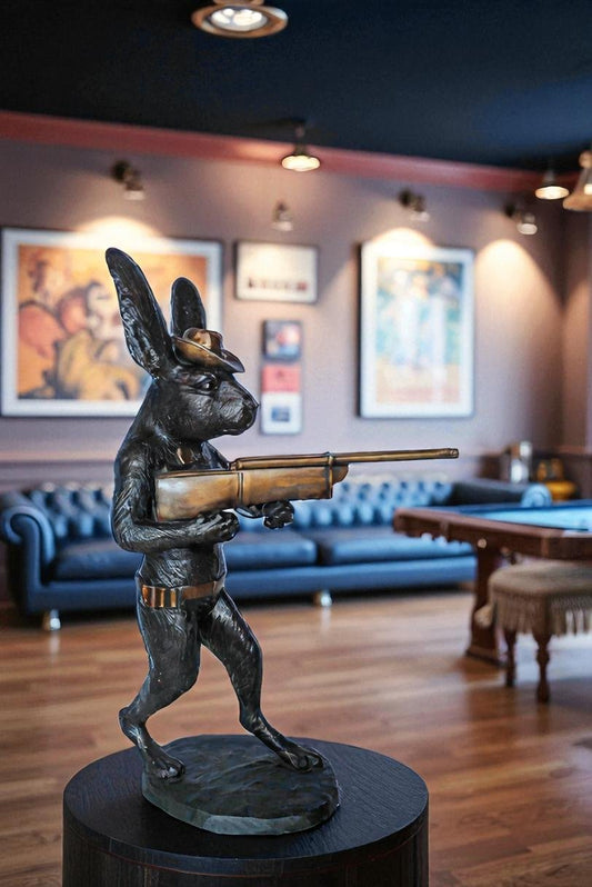 Bronze Statue of Cowboy Rabbit Holding Rifle 22" x 13" x 35"H