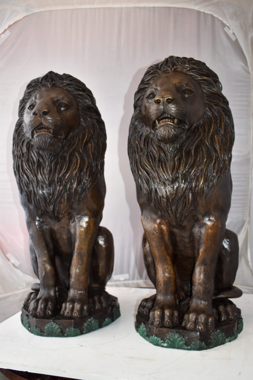 Pair Of Lions Sitting on Base Very Detailed Bronze Statues 13" x 26" x 34"H