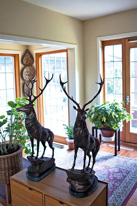 Pair of Bronze Deer Stag Statues Standing on Rock Base 14" x 10" x 28"H