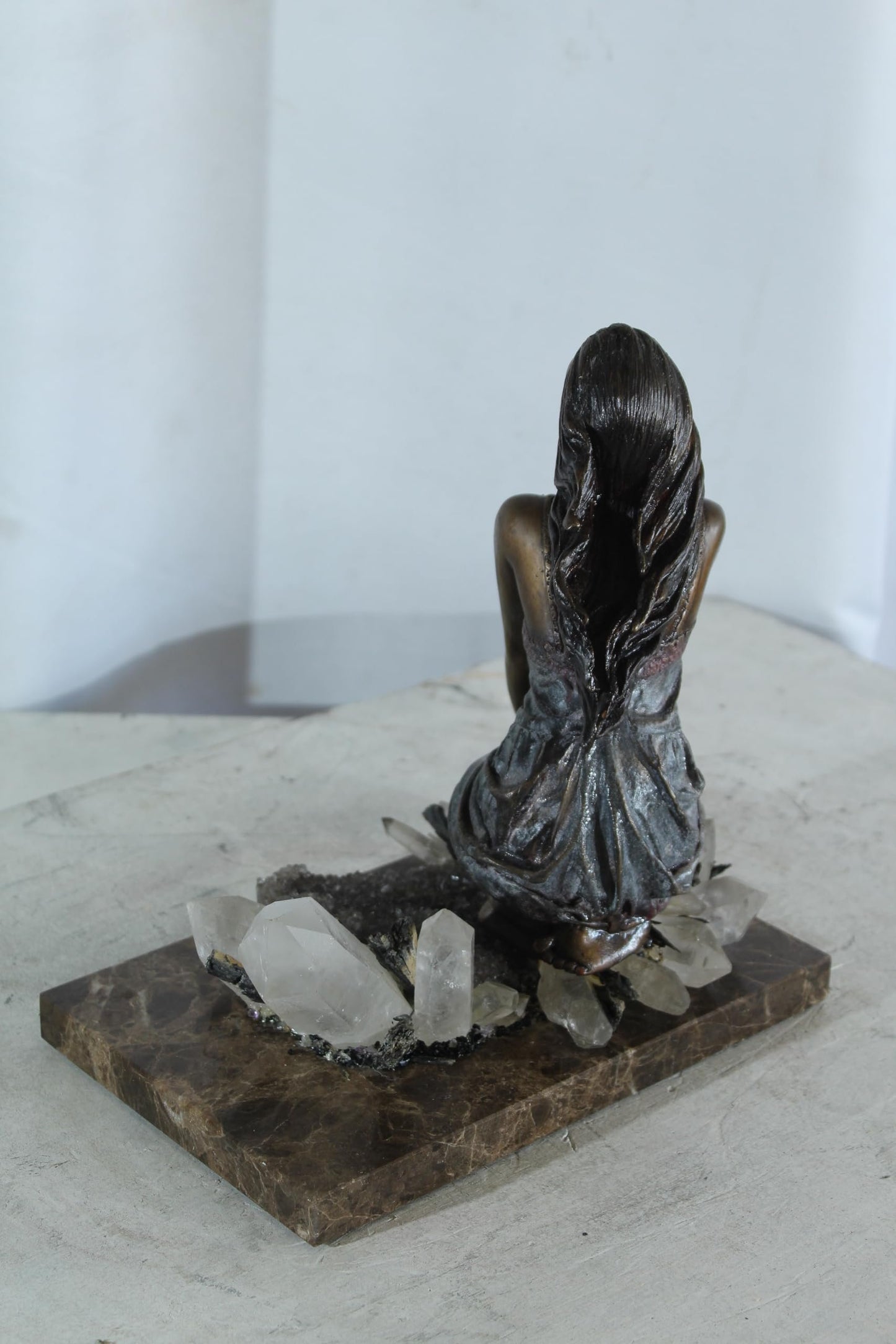 NIFAO Bronze Girl on Crystal Quartz and Marble Base by Vidal 10"x7"x11"H