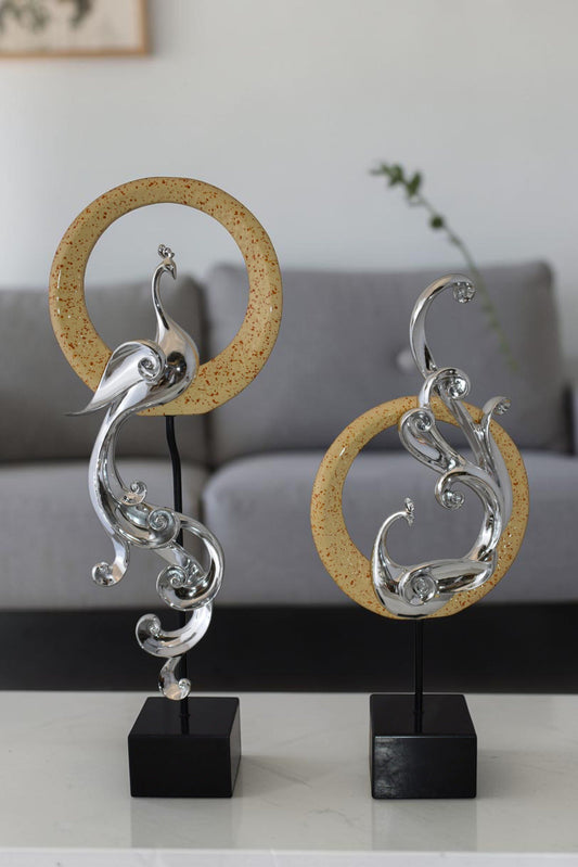 Set of Graceful Silver Finish Peacocks Resin Statue Size: 11" x 6" x 28"H