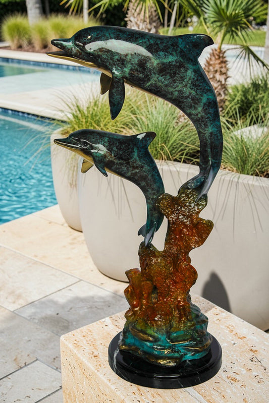 Bronze Dolphin Pair Statue Coastal Ocean Décor 8" x 11" x 22"H