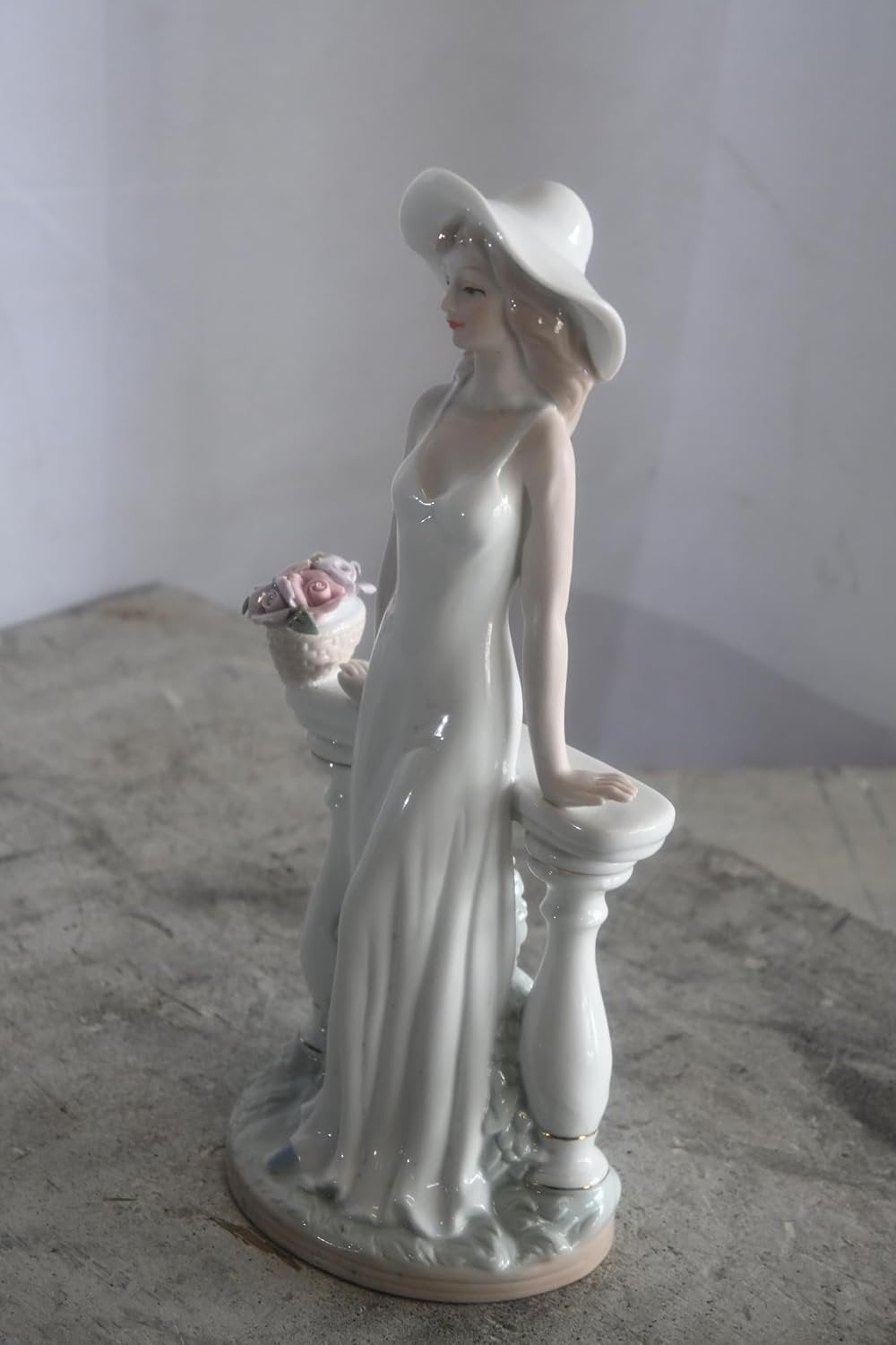 Porcelain Elegant Lady White Gown Hat Rose Basket Statue 6"x4"x12"H