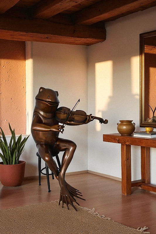 Nifao Human-Size Bronze Frog Playing Violin Statue – Whimsical Animal Musician Sculpture on Chair, Indoor/Outdoor Decor - 29" L x 18" W x 29" H