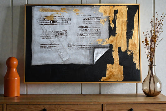 Urban Pulse Mixed Media Canvas Painting Gold Black Framed 41"x61"