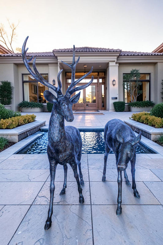 Life Size Bronze Statues of a Pair of Deer, Wildlife Display 58" x 18" x 58"H