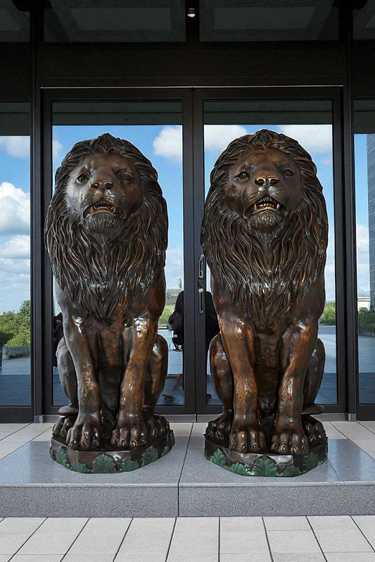 Pair Of Lions Sitting on Base Very Detailed Bronze Statues 13" x 26" x 34"H