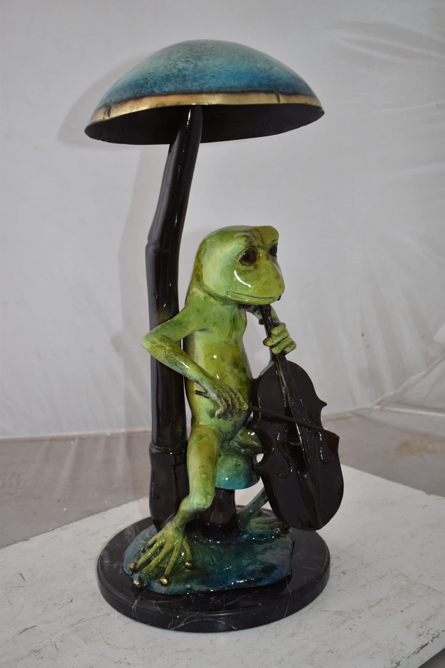 Frog Playing Cello colored Bronze Statue Size: 12" x 11" x 24"H