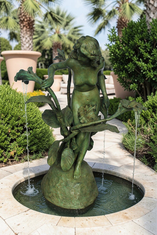 Nude Art Girl Standing by the Garden Life Size Bronze Fountain 44" x 44" x 64"H