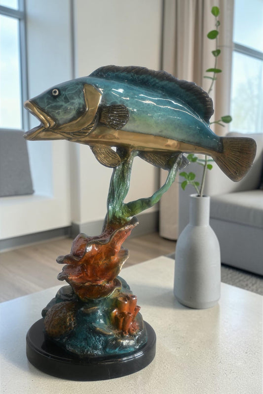 Bronze Bass Fish Sculpture on Coral Reef and Marble Base 18"x10"x26"H