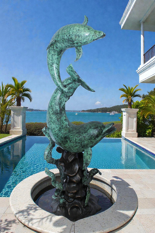 Giant Bronze Dolphin Fountain Sculpture with Green Patina 23" x 15" x 66"H