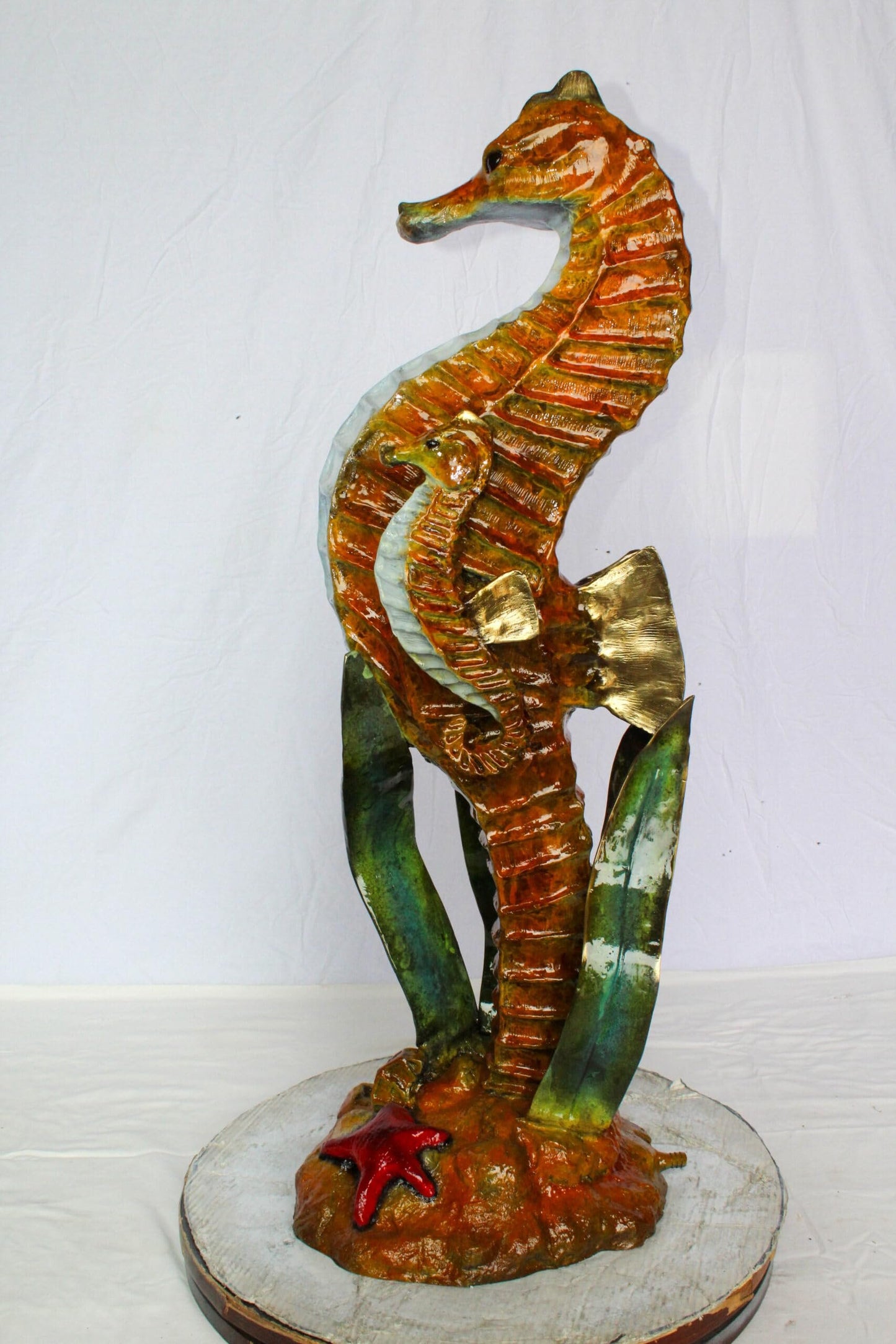 Nifao Bronze Seahorse with Baby Sculpture – Handcrafted Lost Wax Cast Ocean Life Statue with Seagrass & Starfish Details – Rich Patina & Polished Accents Coastal Marine Decor -16" x 14" x 43"H