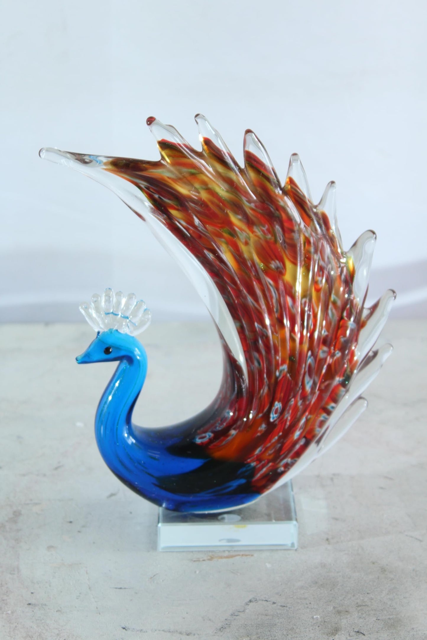 NIFAO Glass Peacock Figurine Hand Blown Art Glass on Clear Base 8" x 3" x 10"H