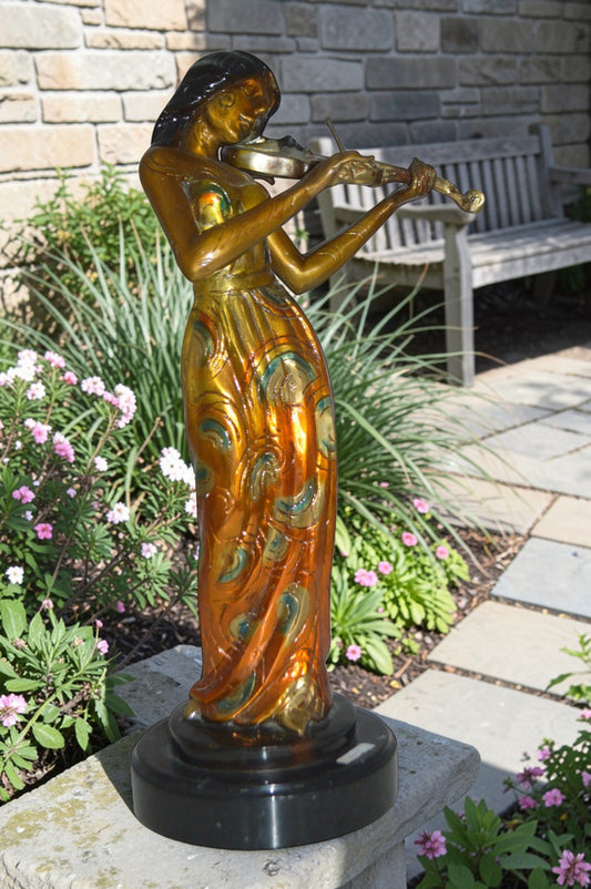 Girl Playing the violin Bronze Statue - Size: 10"L x 7"W x 19"H.