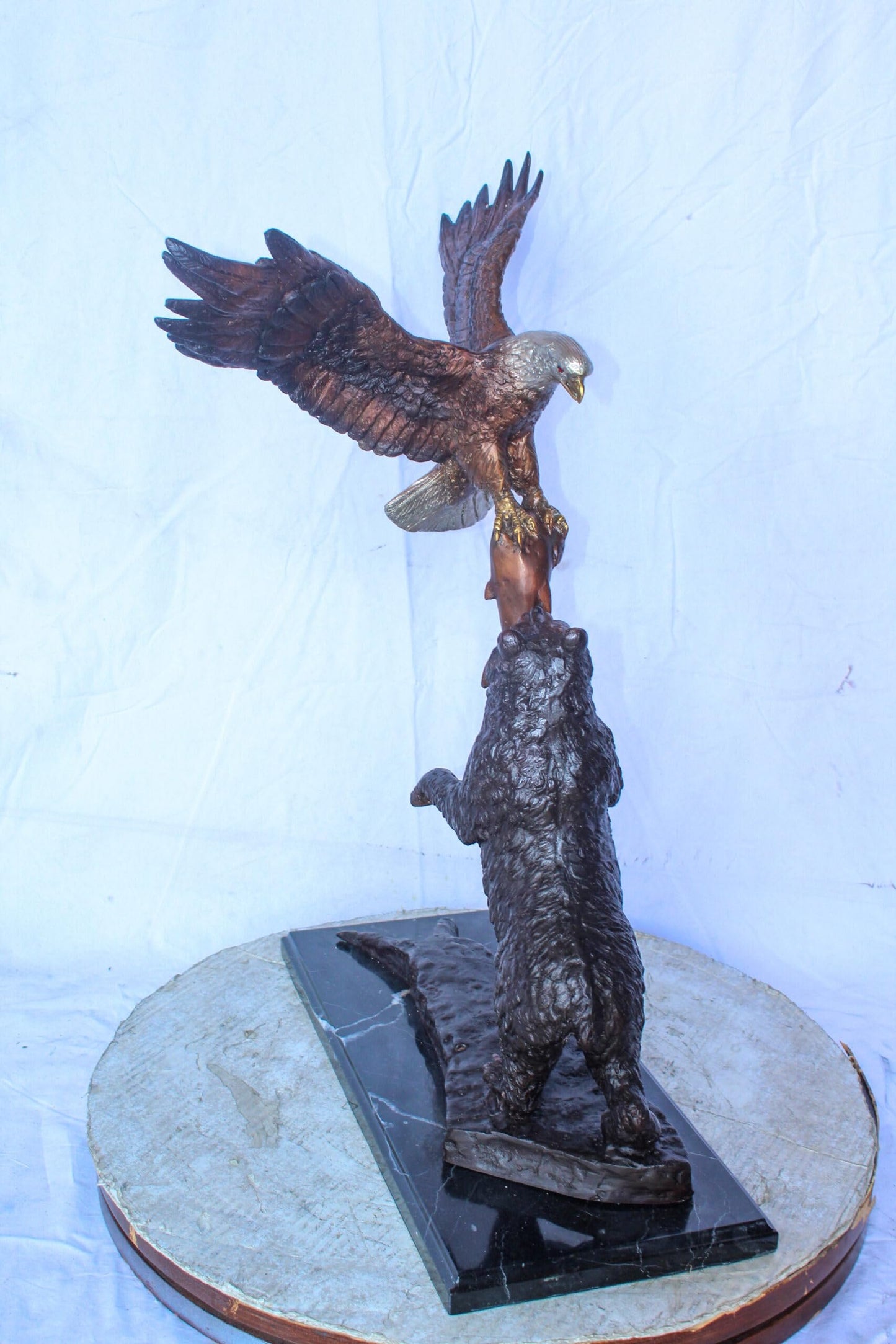Bronze Statue of an Eagle and Bear Fighting for Fish Prey 24" x 9" x 28"H
