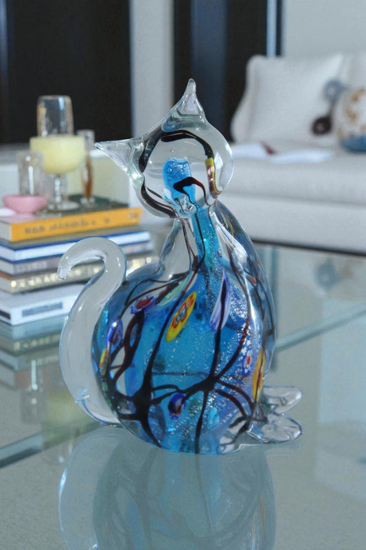 NIFAO Glass Cat Figurine Hand Blown Blue Millefiori Art Decor 5" x 3" x 7"H