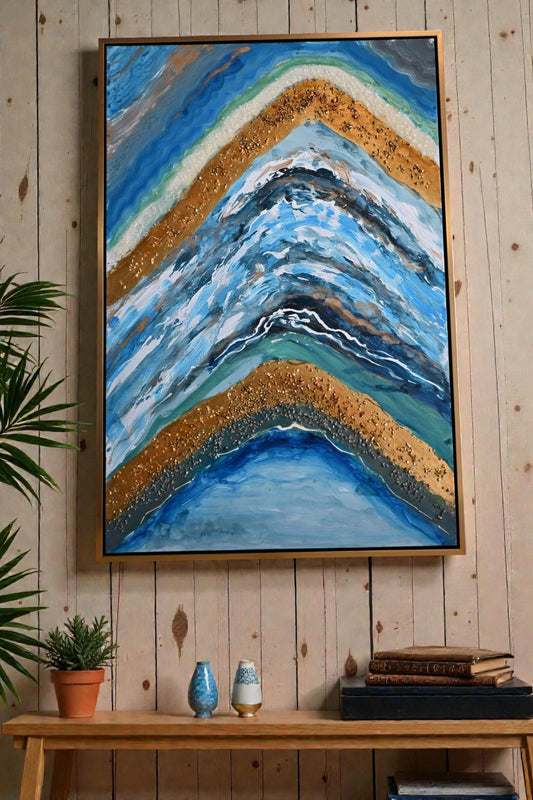 Silence Geode Abstract Canvas Painting Blue Gold Framed 61"x41"