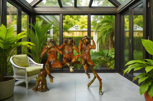 Three wise monkeys on a tree branch bronze statue - Size: 27"L x 11"W x 18"H.