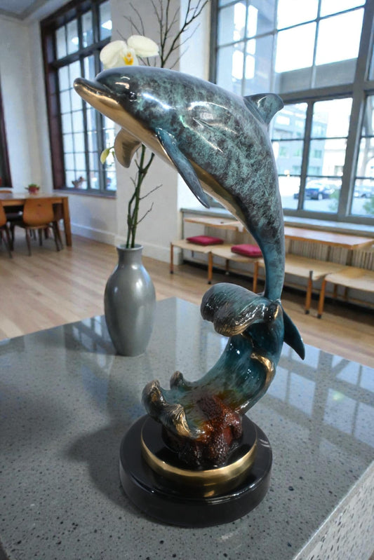Single Dolphin Bronze Sculpture Leaping Wave Base 13"x8"x21"H