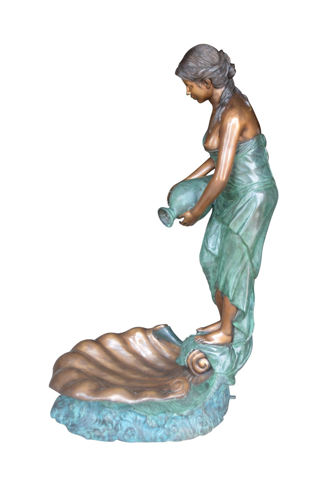 Girl Holding a Pot on Shell Fountain Bronze Statue - Size: 33"L x 30"W x 62"H.