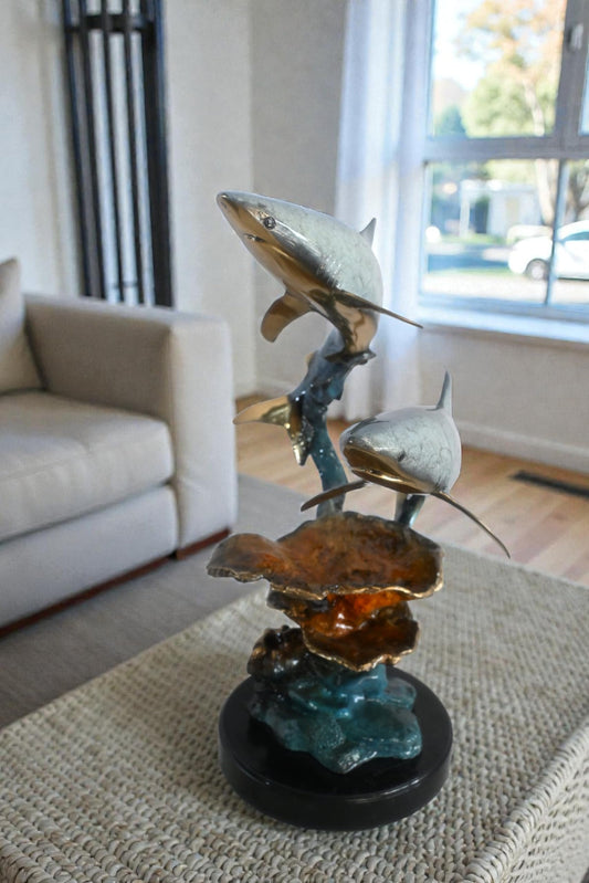 Two Sharks Bronze Sculpture Coral Reef Base 19"x11"x23"H
