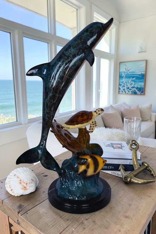 Nifao Dolphin, Turtle, Anchor & Fish Bronze Statue – Intricate Marine Wildlife Figurine on Marble Base for Home, Office, Garden, or Nautical Decor – Symbol of Sea Lore, Strength 6" L x 10" W x 19" H.