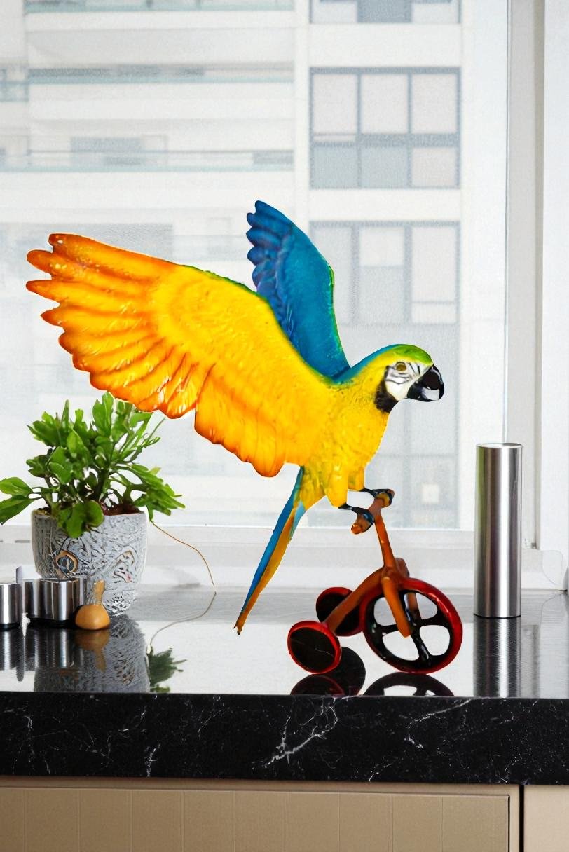 Colorful Parrot Riding a Tricycle Bronze Statue Size: 17" x 11" x 19"H