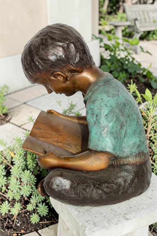 NIFAO Bronze Boy Reading Statue – Handcrafted Lost Wax Cast Sculpture with Patina Finish, Child Reading Figurine on Marble Base, Desks, Homes, Libraries, and Offices9 x 8" x 11"H