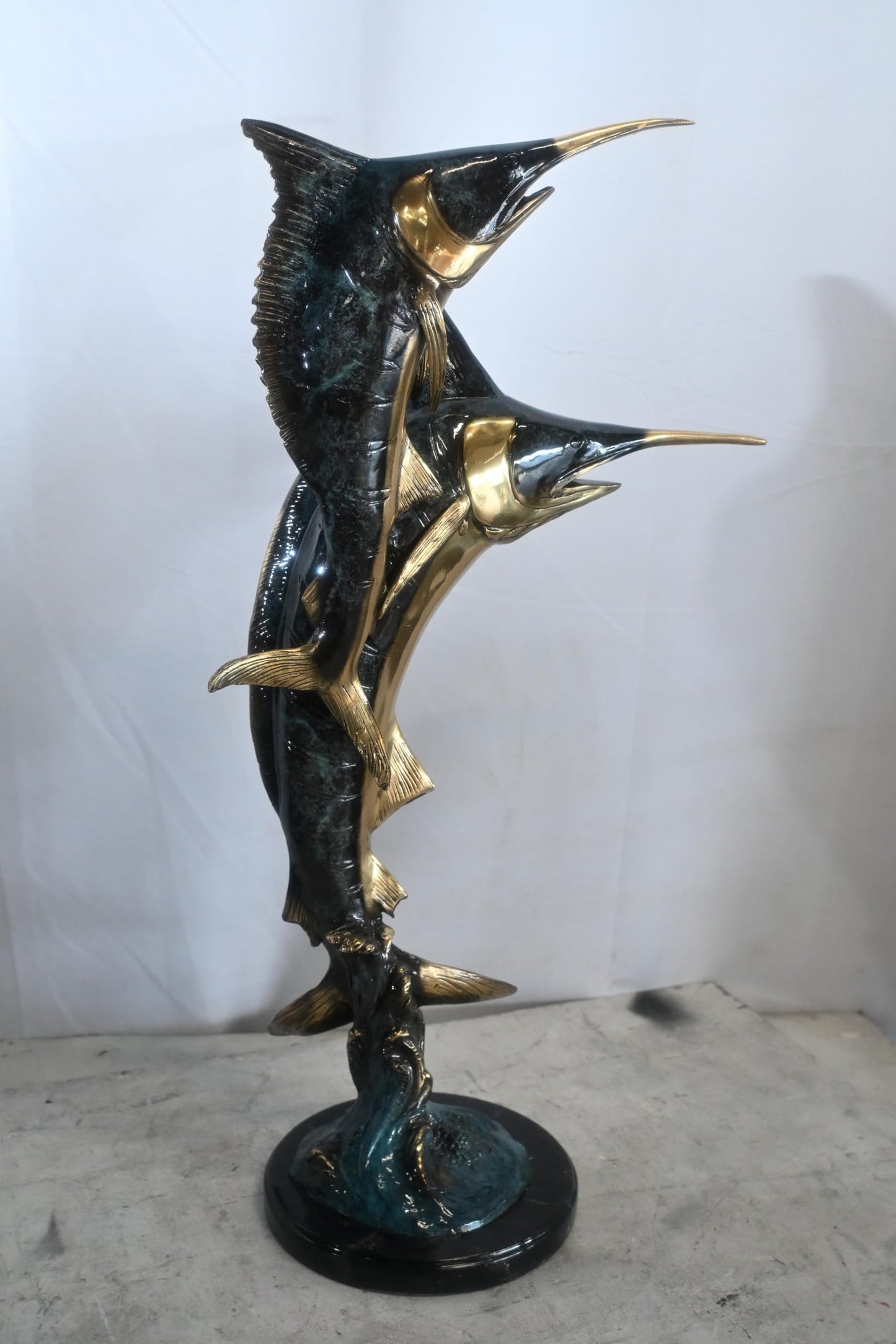 Two Marlin Swordfish Bronze Sculpture Vertical Leap 15"x6"x31"H