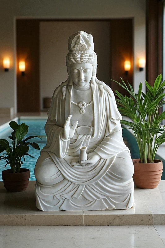 Giant Graceful Buddha in All White Marble Statue 20" x 25" x 44"H
