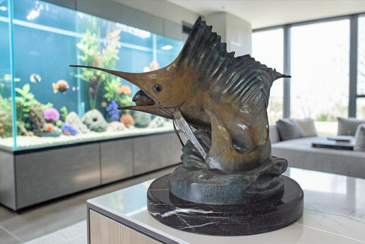 Nifao Sailfish Catching Fish Bronze Statue on Marble Base – Lost Wax Cast Ocean Life Sculpture with Hand-Applied Patina, Marine Wildlife Decor,26" x 16" x 25"H.