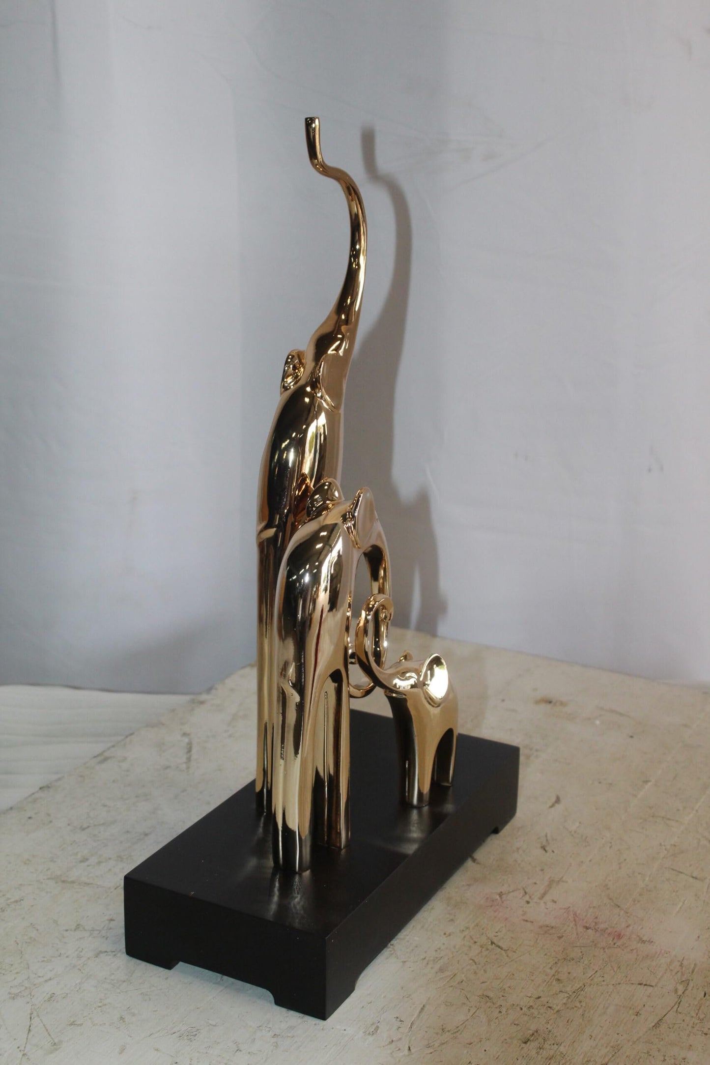 Gold Elephant Family Resin Statue on Black Base 11" x 5" x 8"H