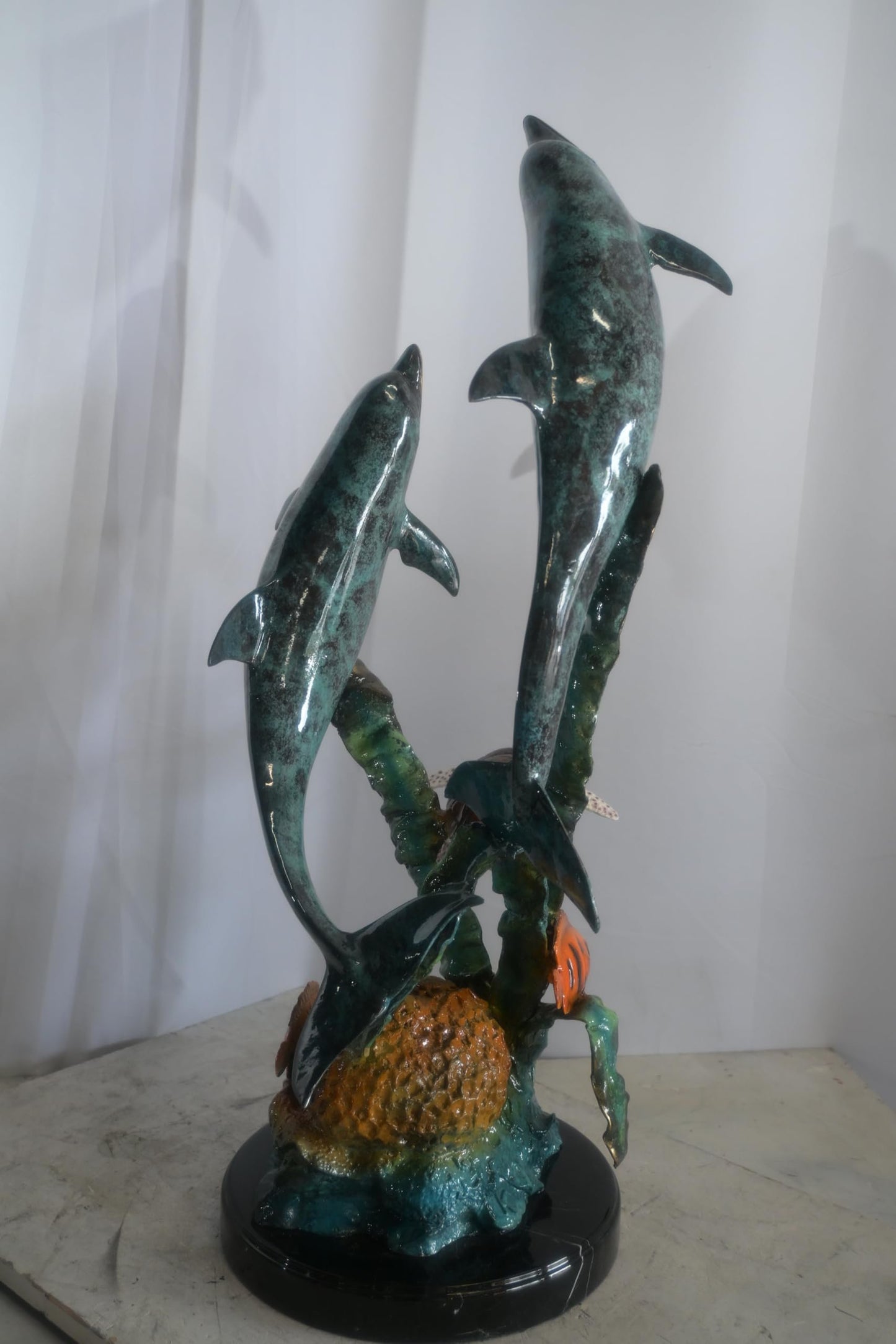 Large Bronze Dolphin Pair Ocean Scene Sculpture Marble Base 15"x18"x33"H