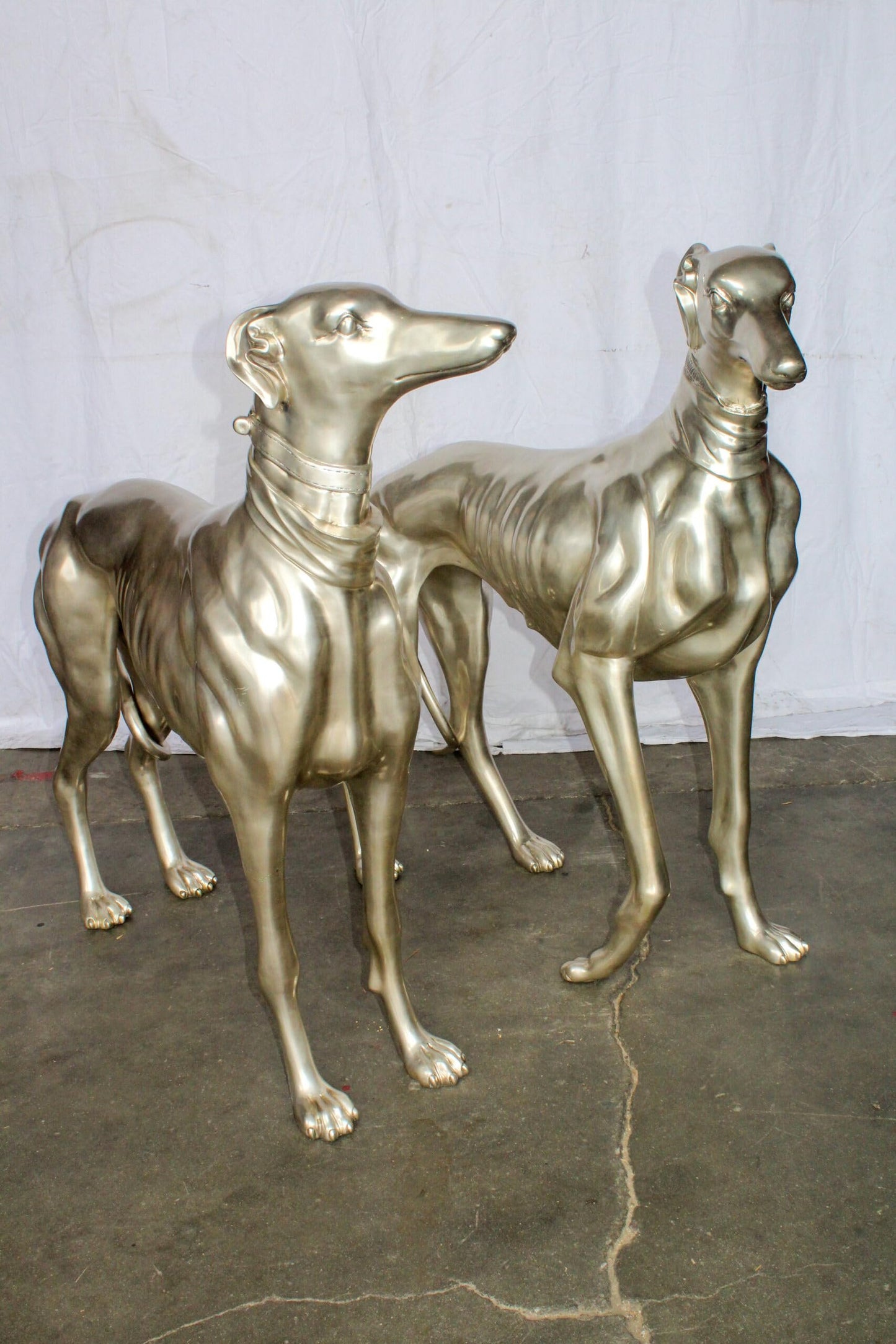 Pair of Greyhound Dogs Bronze Statues, Silver Plated Finish 48" x 12" x 40"H